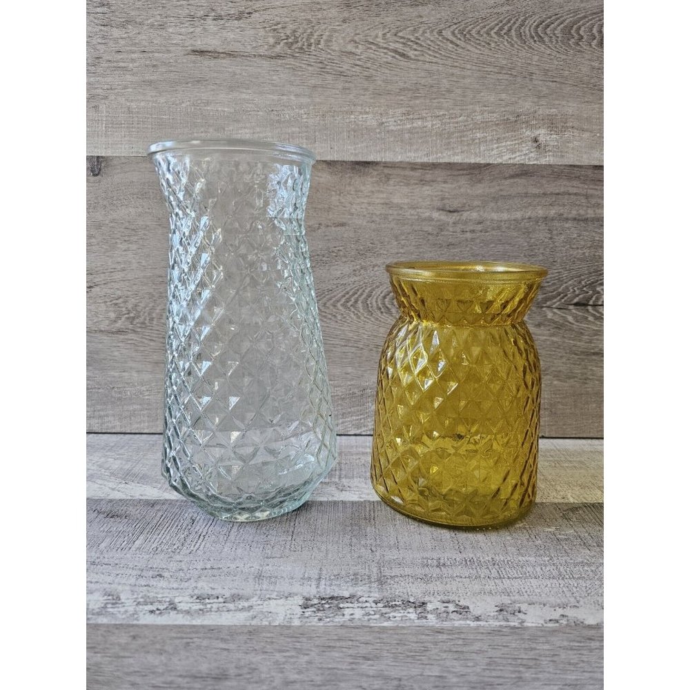 8” Tall Diamond Pineapple Pattern Textured Glass Vase & 6" Yellow Faceted LOT